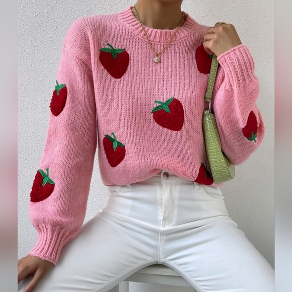 New Girly Chic Strawberry Embroidered Knit Sweater Top Pink Red - Picture 2 of 8